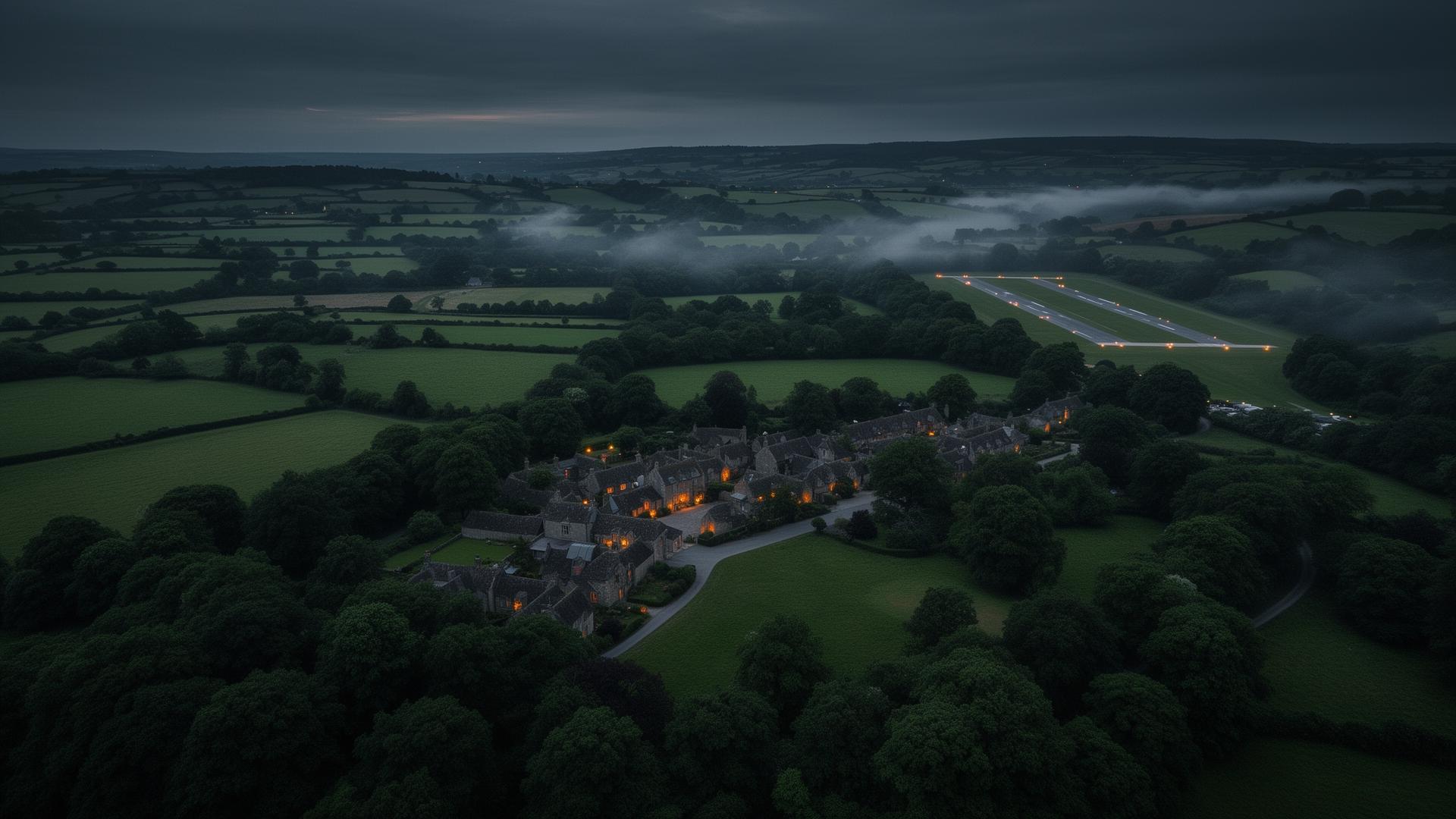 Aerial view of British countryside estate at dusk